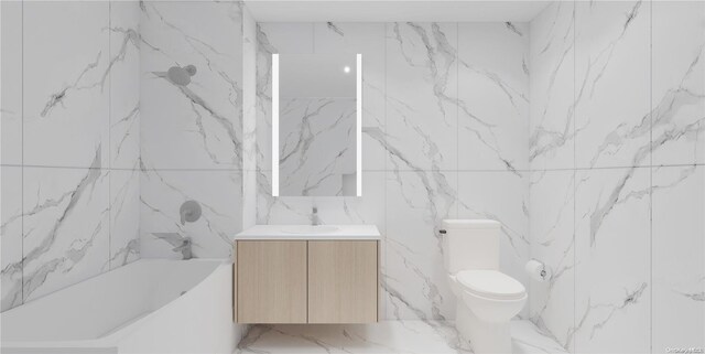 136-80 41st Ave Unit 6G, Flushing, NY 11355 - bathroom featuring vanity, tile walls, toilet, marble tiled floors, and bathing tub / shower combination