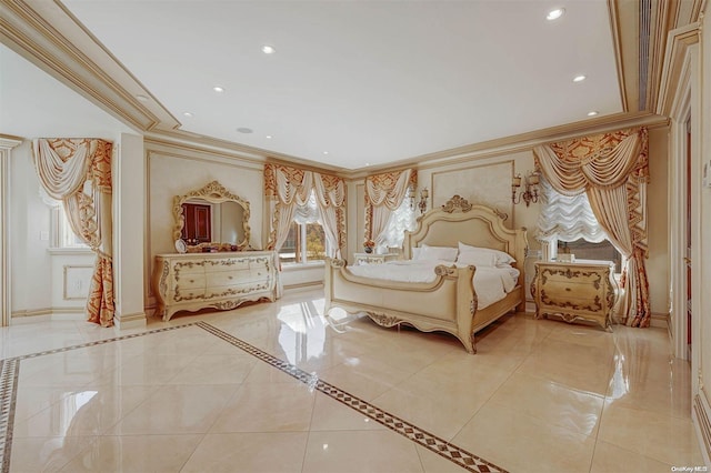 tiled bedroom featuring ornamental molding