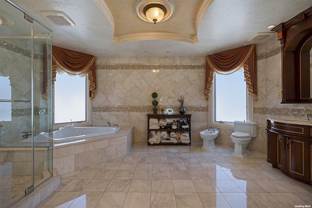 full bathroom featuring vanity, a bidet, crown molding, tile patterned flooring, and toilet