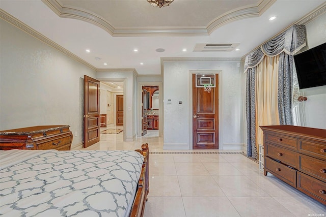 tiled bedroom with ornamental molding