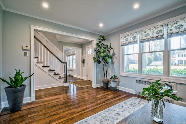 entryway featuring radiator, crown molding, and dark hardwood / wood-style floors