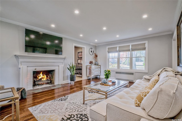 living room featuring radiator, crown molding, a fireplace, and wood-type flooring