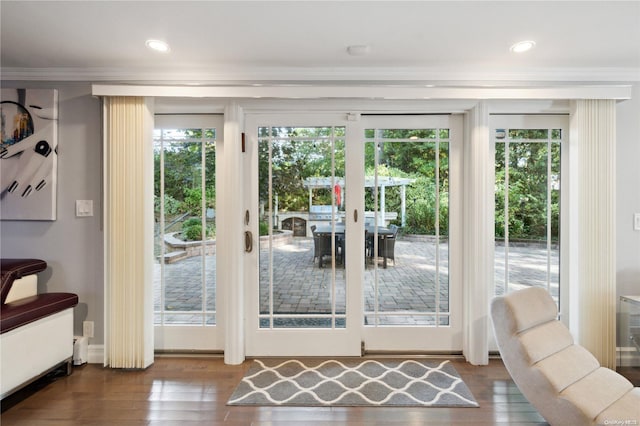 doorway featuring hardwood / wood-style flooring, ornamental molding, and french doors