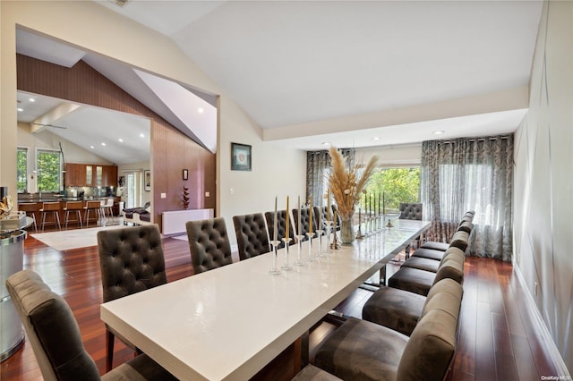 dining room featuring plenty of natural light, dark hardwood / wood-style flooring, and lofted ceiling