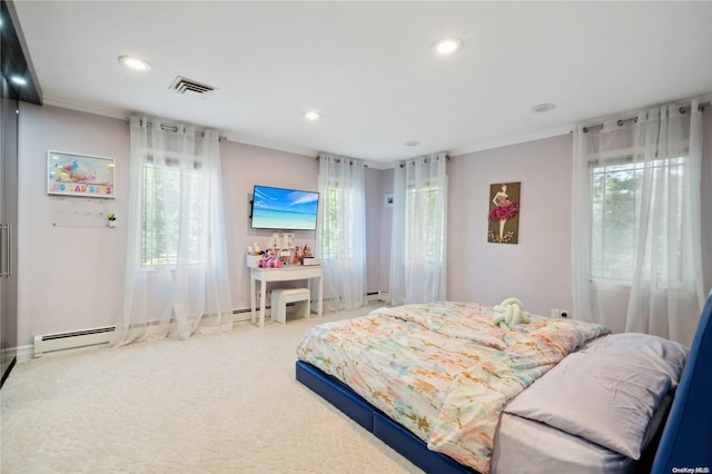 carpeted bedroom with a baseboard radiator and ornamental molding