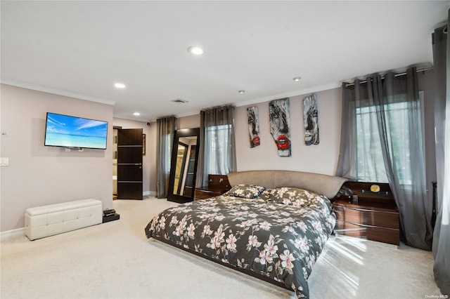 carpeted bedroom featuring ornamental molding