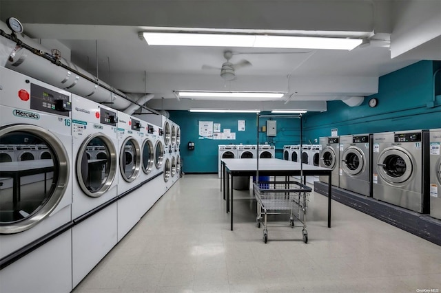 laundry area featuring washing machine and clothes dryer and ceiling fan