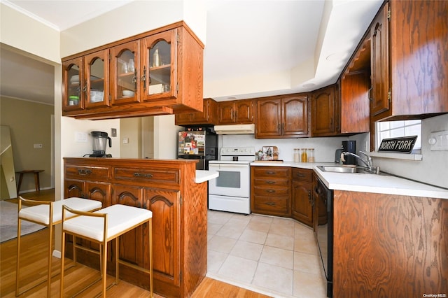 kitchen with sink, dishwasher, light tile patterned flooring, white electric range oven, and crown molding