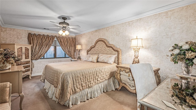 bedroom featuring ceiling fan, carpet, and ornamental molding