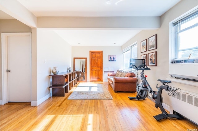 exercise room with radiator heating unit and light hardwood / wood-style flooring