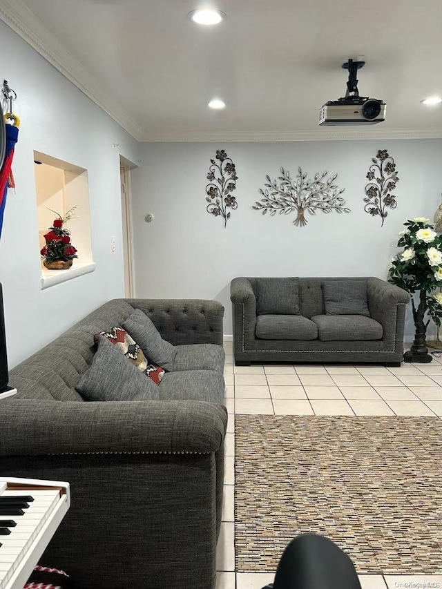 living room with tile patterned floors and crown molding