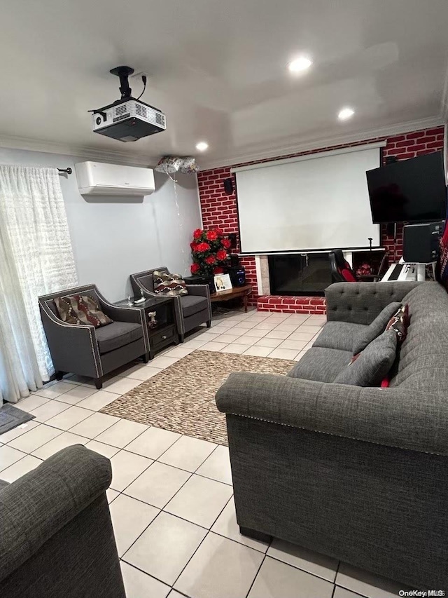 cinema featuring light tile patterned floors, crown molding, and a brick fireplace