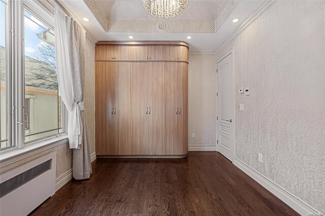 unfurnished bedroom with a raised ceiling, multiple windows, and crown molding