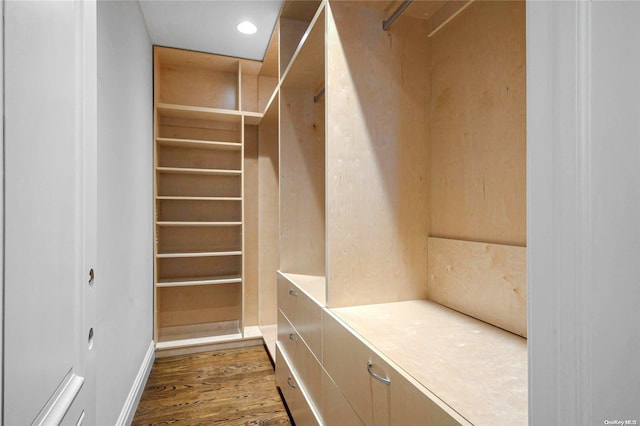 spacious closet featuring dark hardwood / wood-style flooring