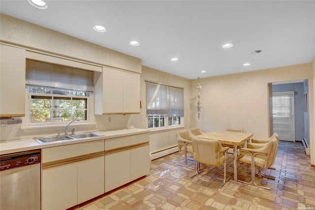 kitchen featuring stainless steel dishwasher, sink, and a baseboard heating unit