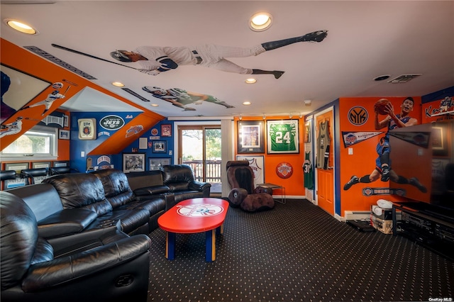 carpeted living room featuring a healthy amount of sunlight and vaulted ceiling