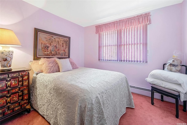 carpeted bedroom featuring baseboard heating