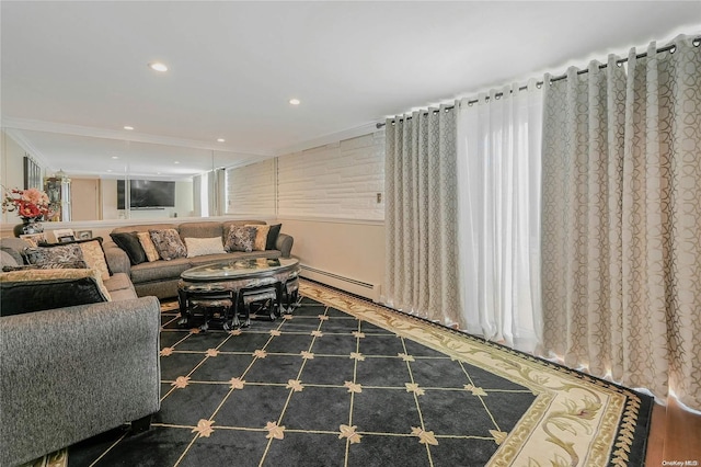 living room with dark hardwood / wood-style flooring and a baseboard radiator