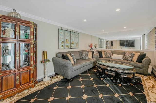 living room with crown molding