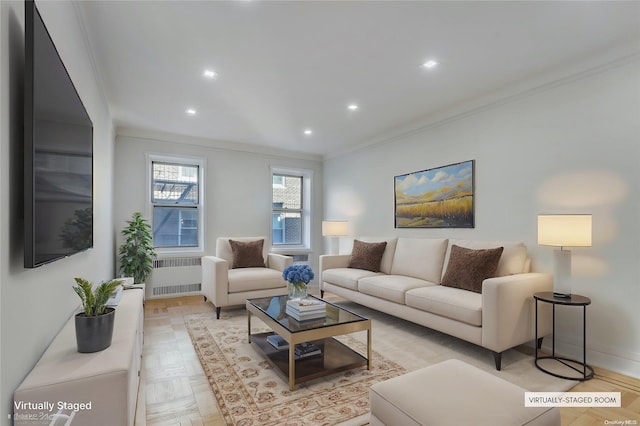 living room with radiator heating unit, light parquet floors, and ornamental molding