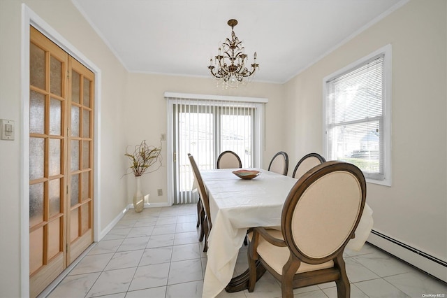 dining area featuring baseboard heating, light tile patterned floors, ornamental molding, and an inviting chandelier