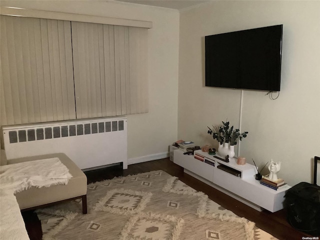 bedroom with dark hardwood / wood-style flooring and radiator heating unit