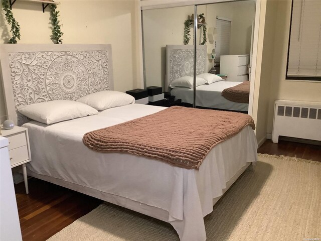 bedroom with wood-type flooring, radiator, and a closet