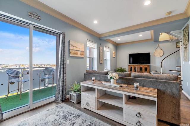 living room featuring crown molding, plenty of natural light, and wood-type flooring