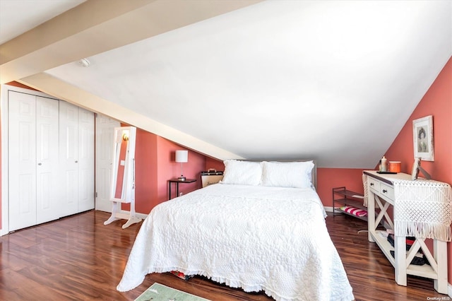 bedroom with dark hardwood / wood-style flooring, lofted ceiling, and a closet