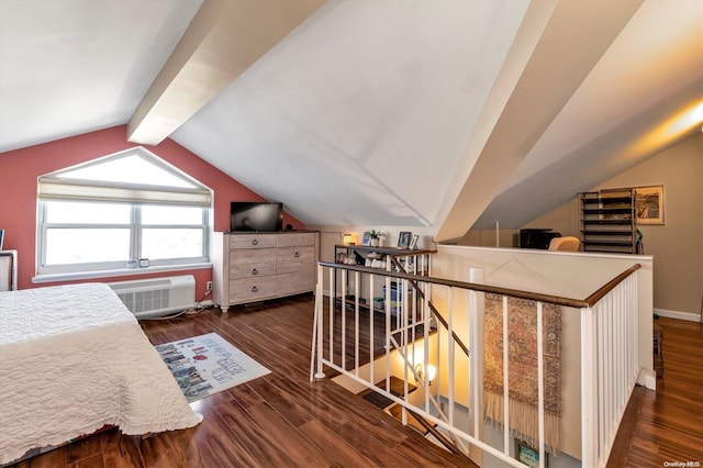 bedroom featuring vaulted ceiling with beams and dark hardwood / wood-style flooring