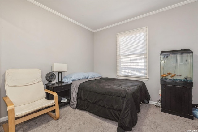 bedroom featuring ornamental molding and light carpet