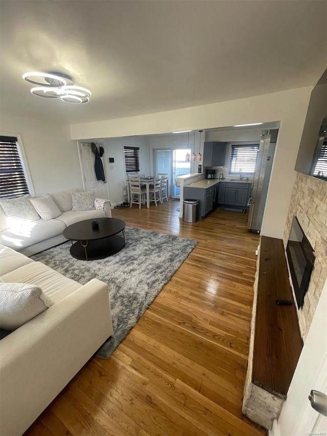 living room featuring a fireplace, dark hardwood / wood-style floors, and sink