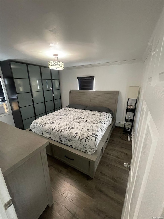 bedroom with dark hardwood / wood-style floors and ornamental molding