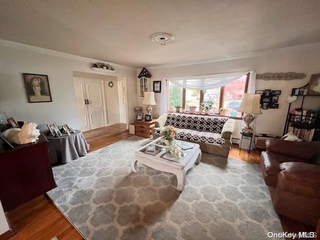 living room featuring hardwood / wood-style flooring and crown molding