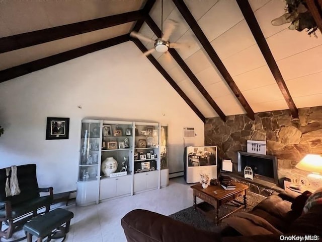 living room with beamed ceiling, ceiling fan, baseboard heating, and high vaulted ceiling