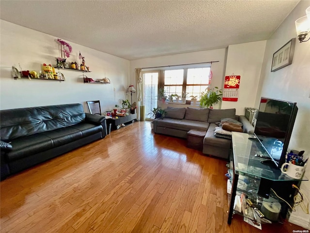 living room featuring a textured ceiling and hardwood / wood-style flooring