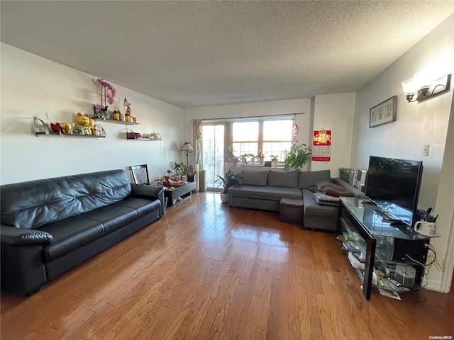 living room featuring wood-type flooring and a textured ceiling