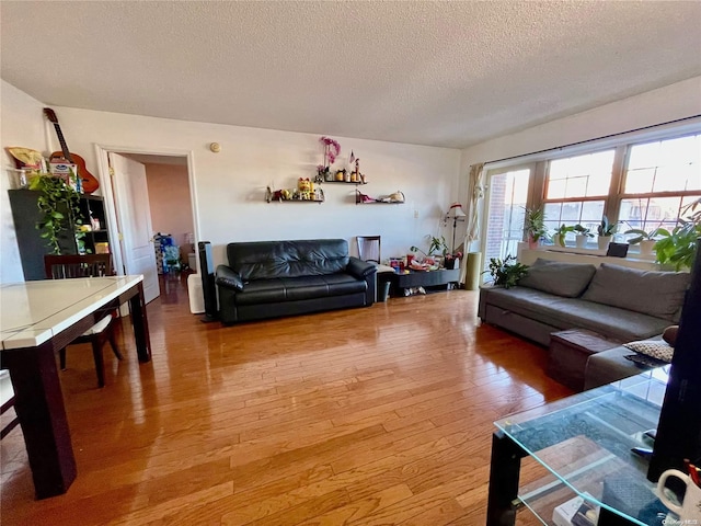 living room with hardwood / wood-style floors and a textured ceiling