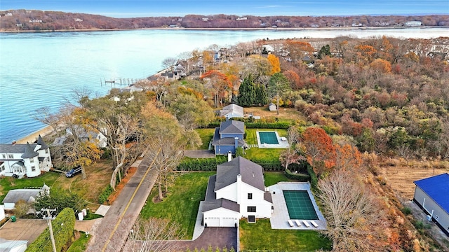 drone / aerial view featuring a water view