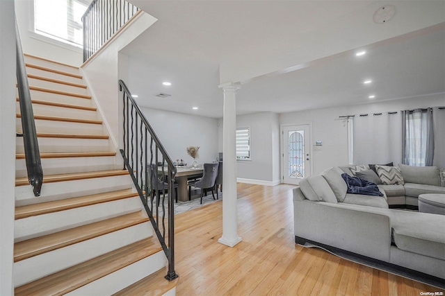 living room with light hardwood / wood-style floors