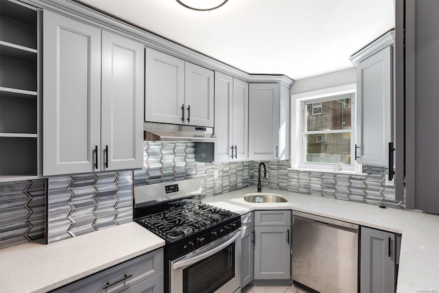 kitchen featuring gray cabinetry, decorative backsplash, sink, and stainless steel appliances