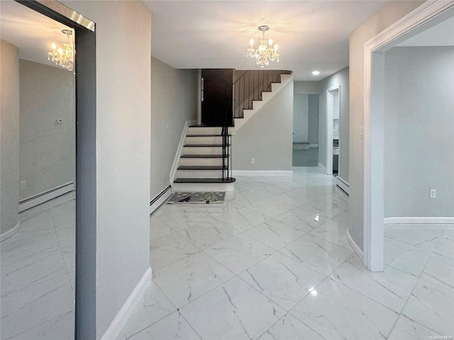 staircase featuring a baseboard radiator and a notable chandelier