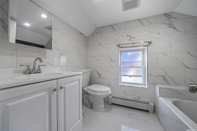 bathroom featuring vanity, vaulted ceiling, tile walls, and a baseboard heating unit