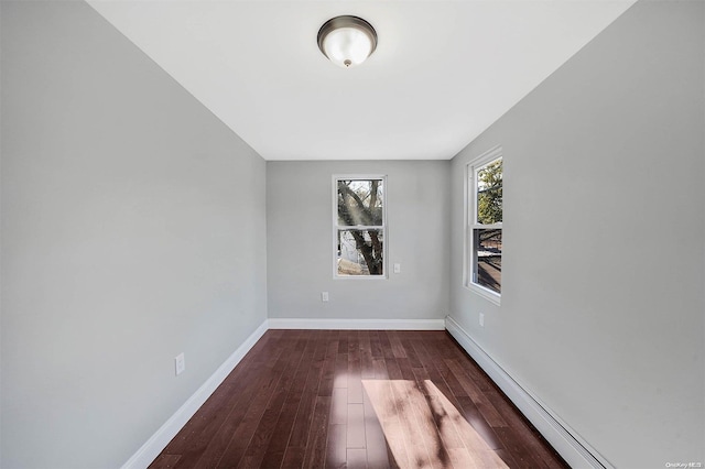 unfurnished room featuring dark hardwood / wood-style flooring and a baseboard radiator