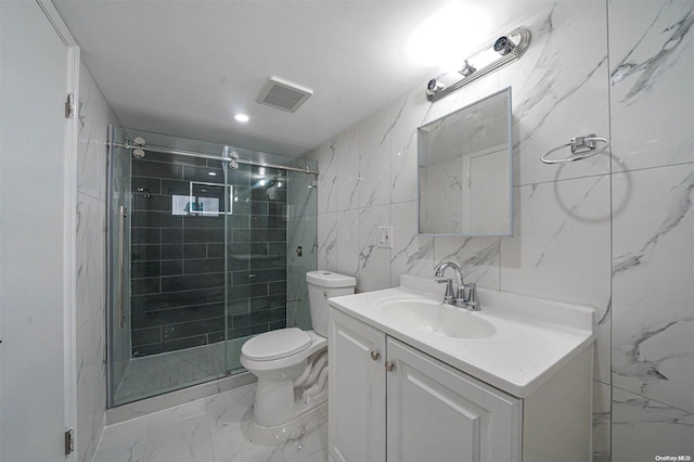 bathroom with vanity, toilet, walk in shower, and tile walls