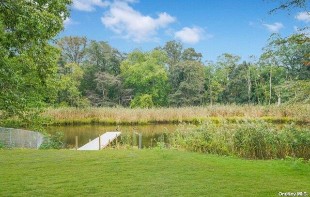 view of yard with a dock and a water view