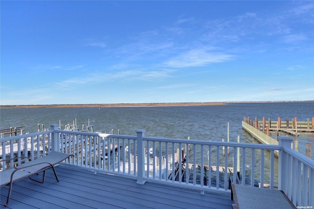 deck with a boat dock and a water view