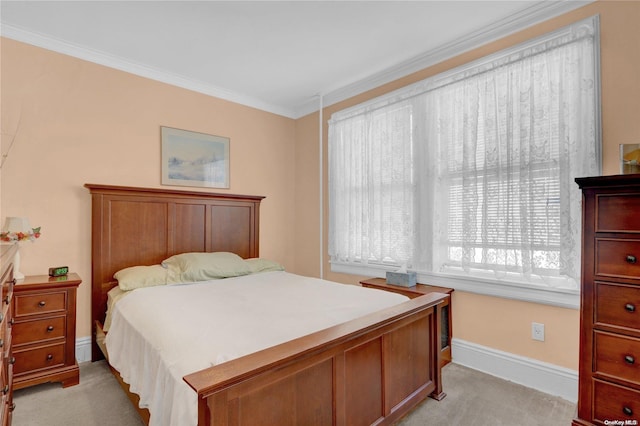 carpeted bedroom with multiple windows and crown molding