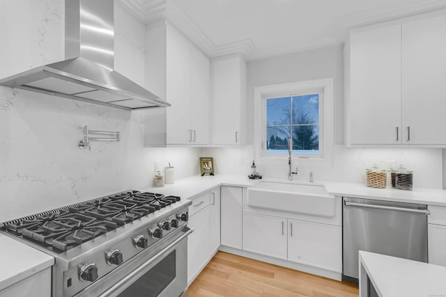 kitchen with wall chimney exhaust hood, sink, white cabinetry, and stainless steel appliances