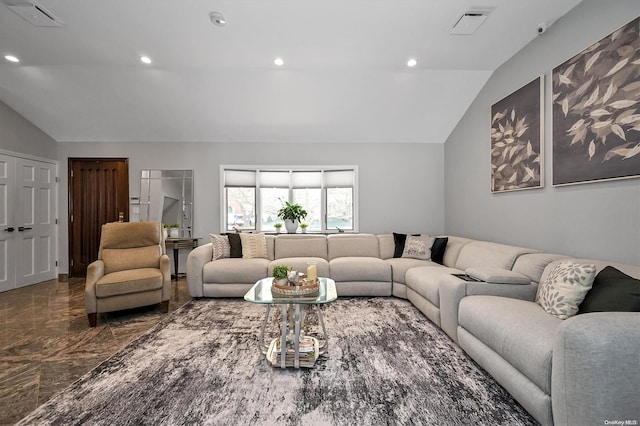 living room with lofted ceiling